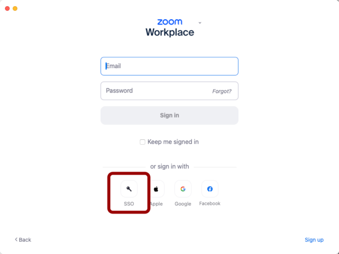 Screenshot of SSO on the zoom workplace app login screen