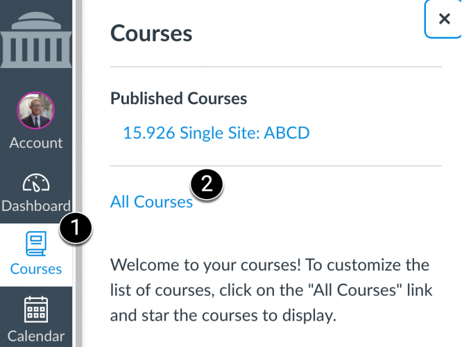 Screenshot of All Courses Menu in Canvas