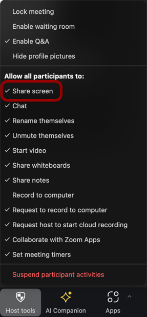 Screenshot of Zoom Security menu with Share Screen option highlighted