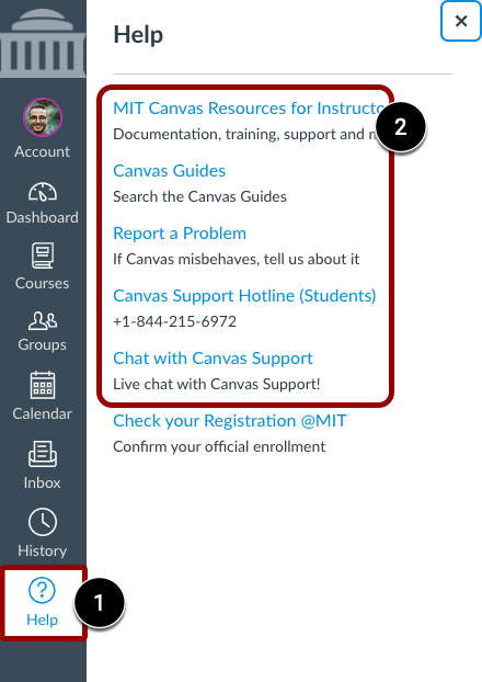 Screenshot of Help Menu in Canvas