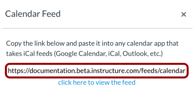 Screenshot of Calendar Feed URL in Canvas