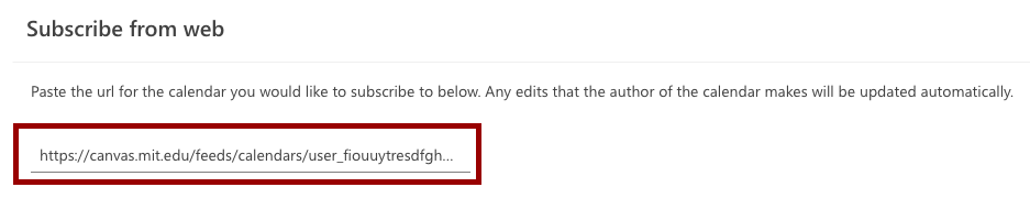 Screenshot of Calendar Feed URL pasted into the Subscribe from Web window