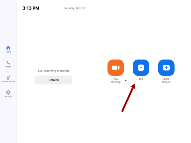 Screenshot of the Zoom room controller interface with an arrow pointing to the Join button