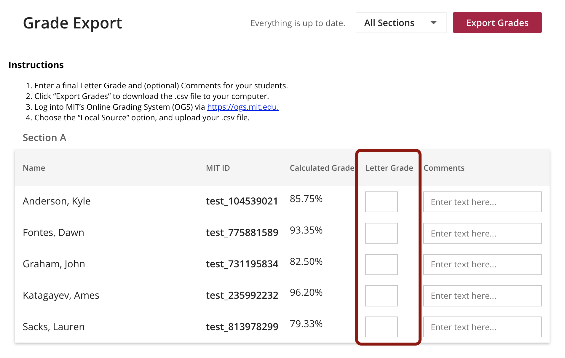 Screenshot of Letter column