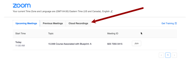 Screenshot of the Zoom Canvas screen with an arrow pointing at the Cloud recordings tab