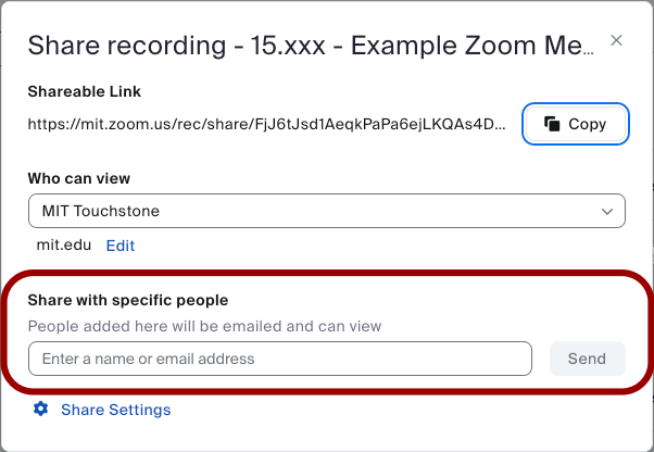 A screenshot of the zoom cloud recording settings with Share with specific people highlighted