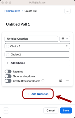 Screenshot of Add Question button on the Create Poll window