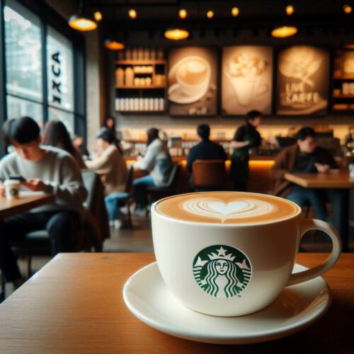 Close-up of a cappuccino with a heart-shaped foam art in a white cup with a Starbucks logo, on a saucer at a café with customers and barista in the softly focused background.