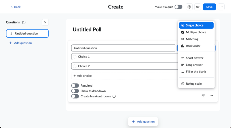 Screenshot of the different question types